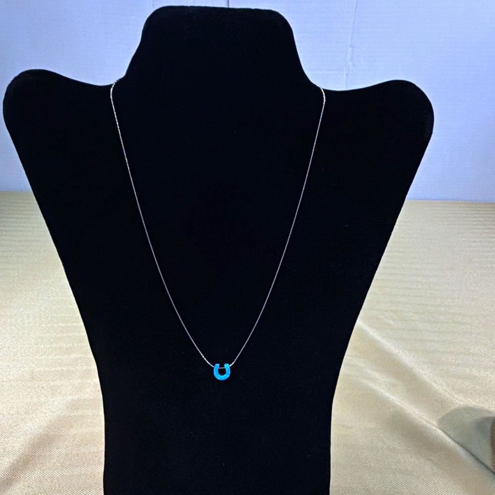 925 Sterling Silver Blue Opal Horseshoe Charm Pendant Box Chain Necklace